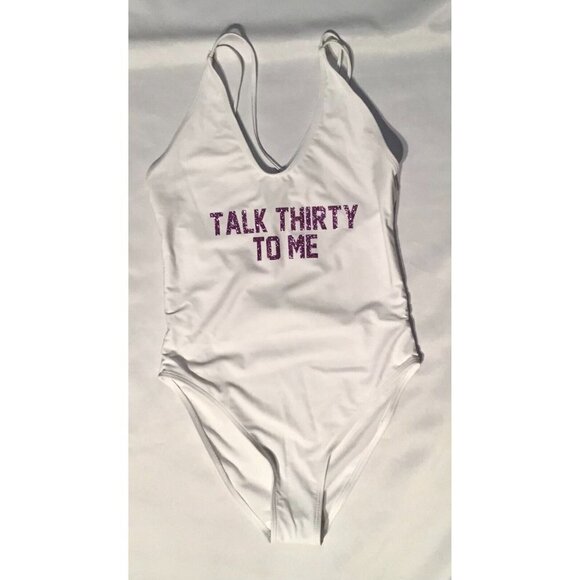 One Piece Womens Talk Thirty To Me Print Sexy Criss Cross Back White Medium - Picture 1 of 3